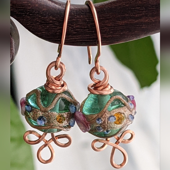 Venetian Emerald Glass Bead Earrings Copper Wire Wrap Colorful Handmade - Picture 2 of 16